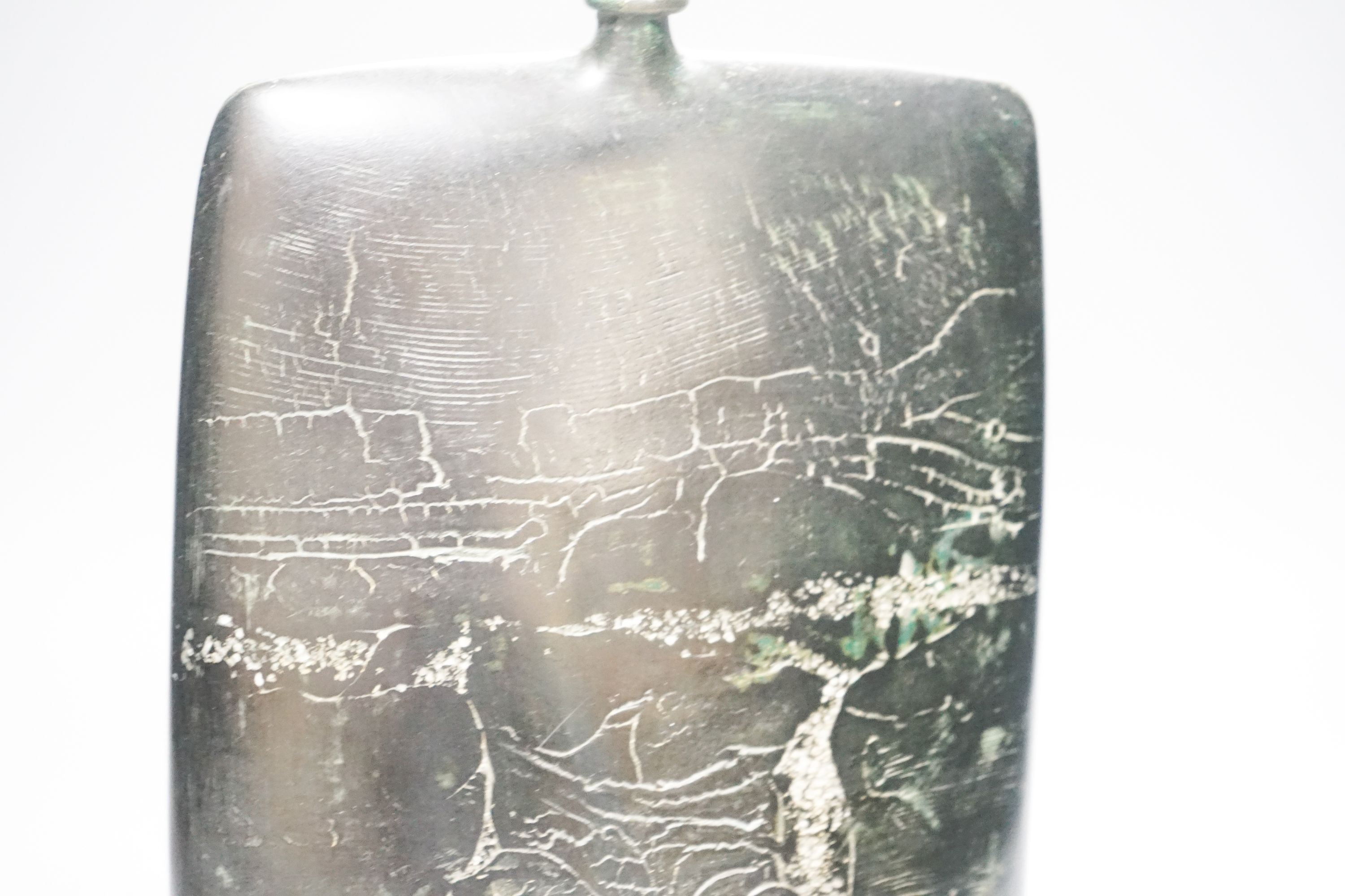 Peter Hayes (b.1946), a black raku glaze Bow form bottle, 29cm